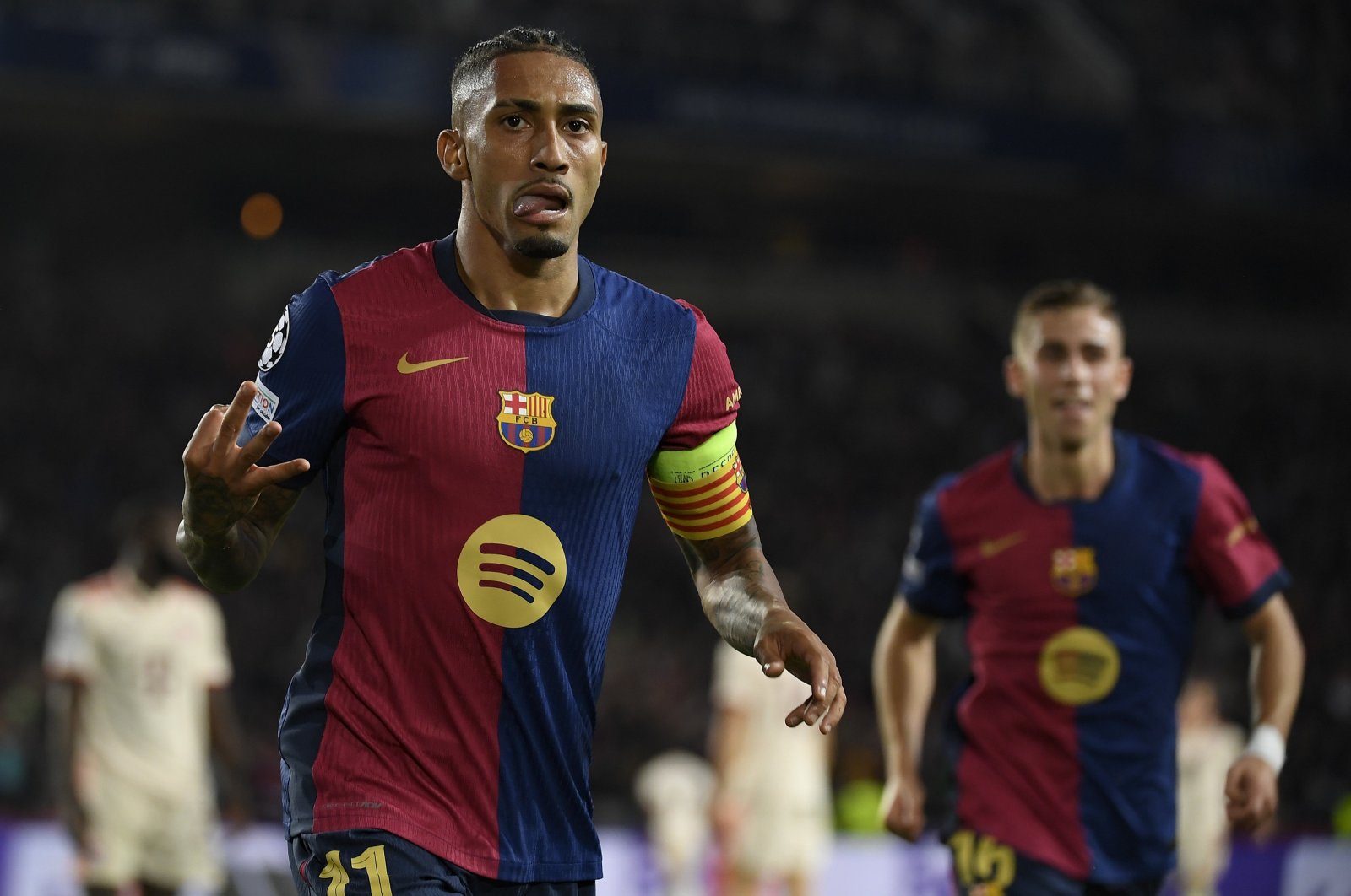 Barcelona&#039;s Raphinha celebrates scoring a hat trick during the UEFA Champions League, league phase day 3 football match against Bayern Munich at the Estadi Olimpic Lluis Companys, Barcelona, Spain, Oct. 23, 2024. (AA Photo)