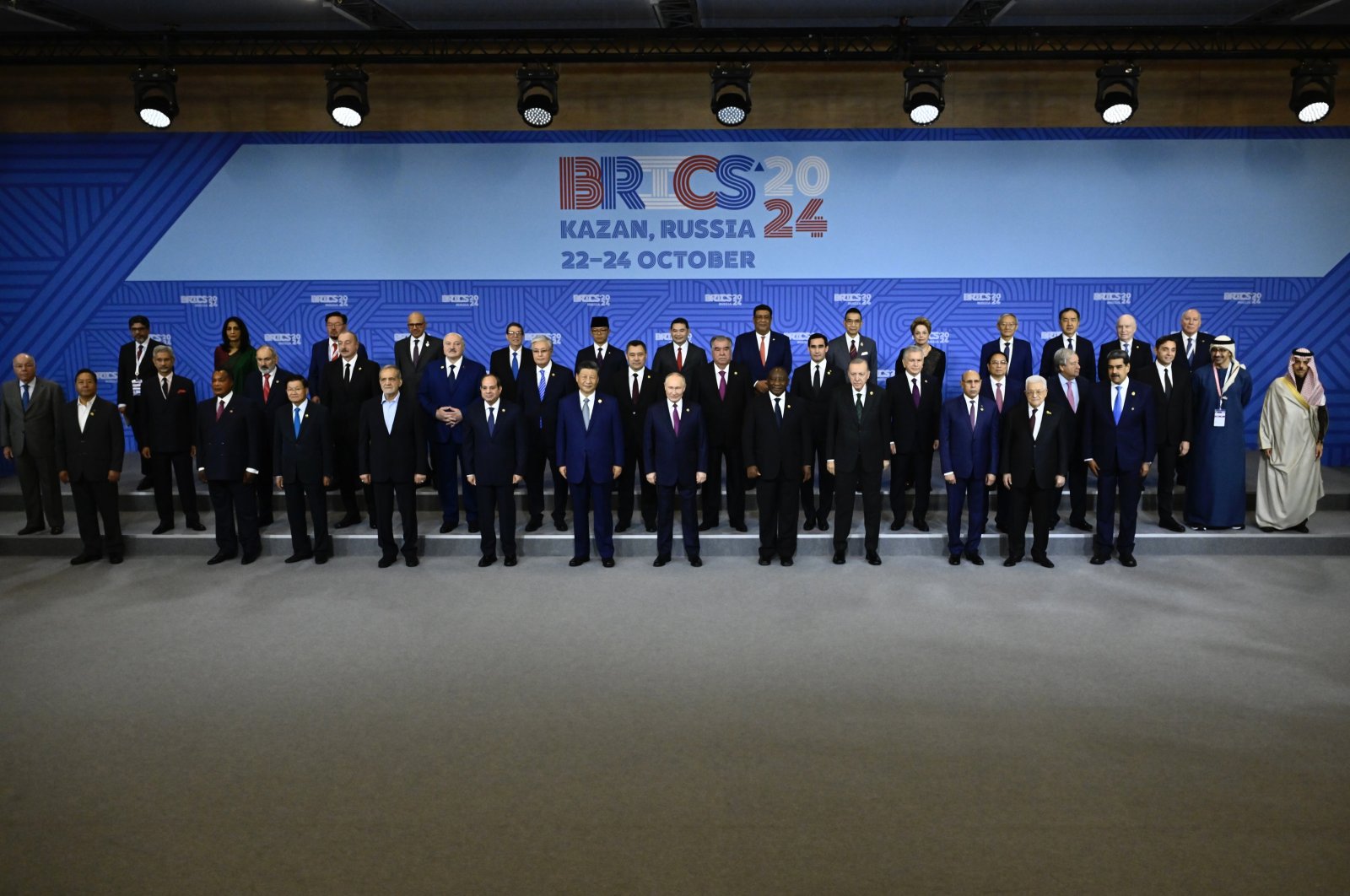 Group photo of heads of state and other officials attending BRICS summit in Kazan, Tatarstan, Oct. 24, 2024. (AA Photo) 