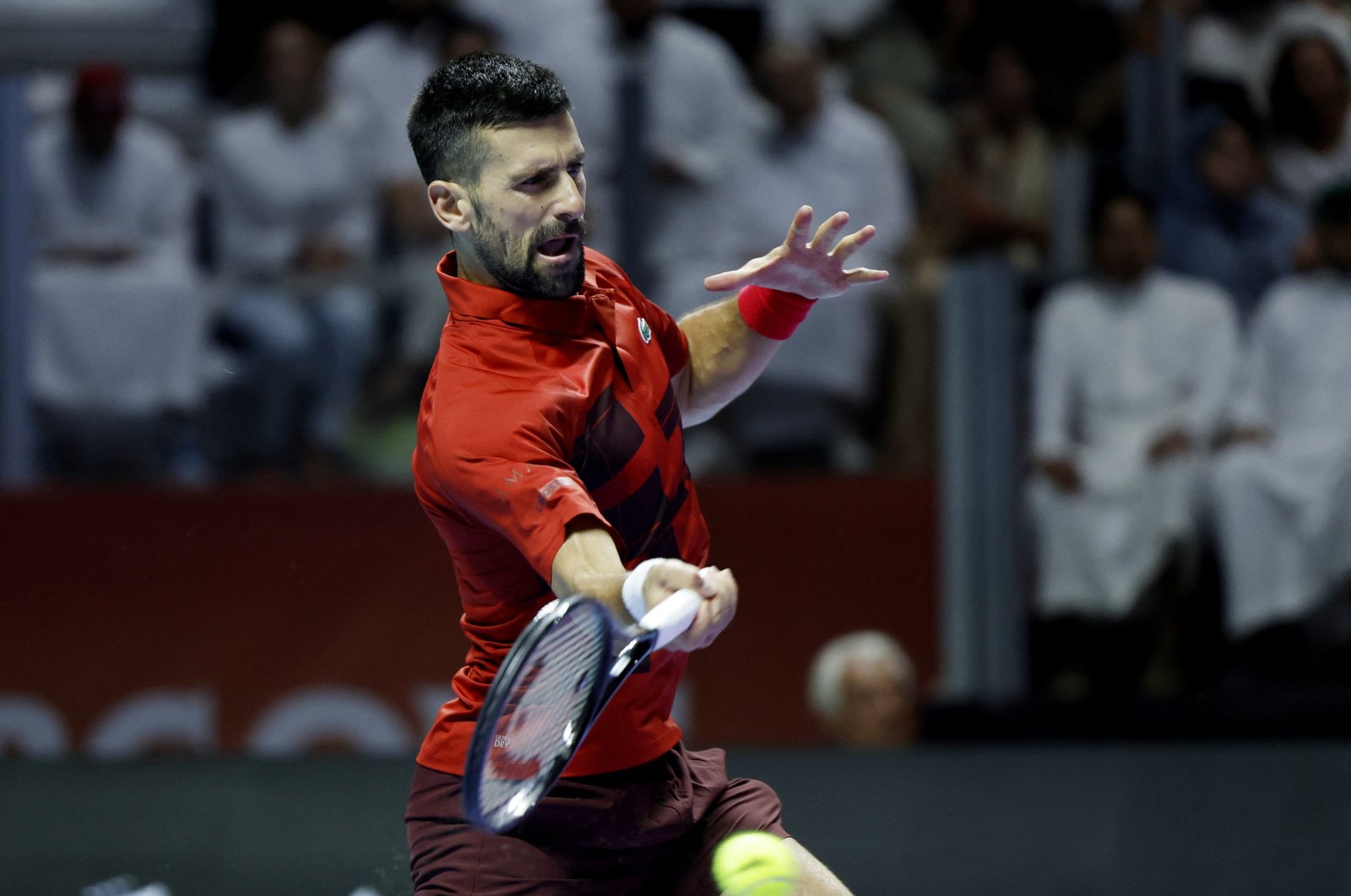 Serbia&#039;s Novak Djokovic in action during his 6 Kings Slam third-place match against Spain&#039;s Rafael Nadal, Riyadh, Saudi Arabia, Oct. 19, 2024. (Reuters Photo)