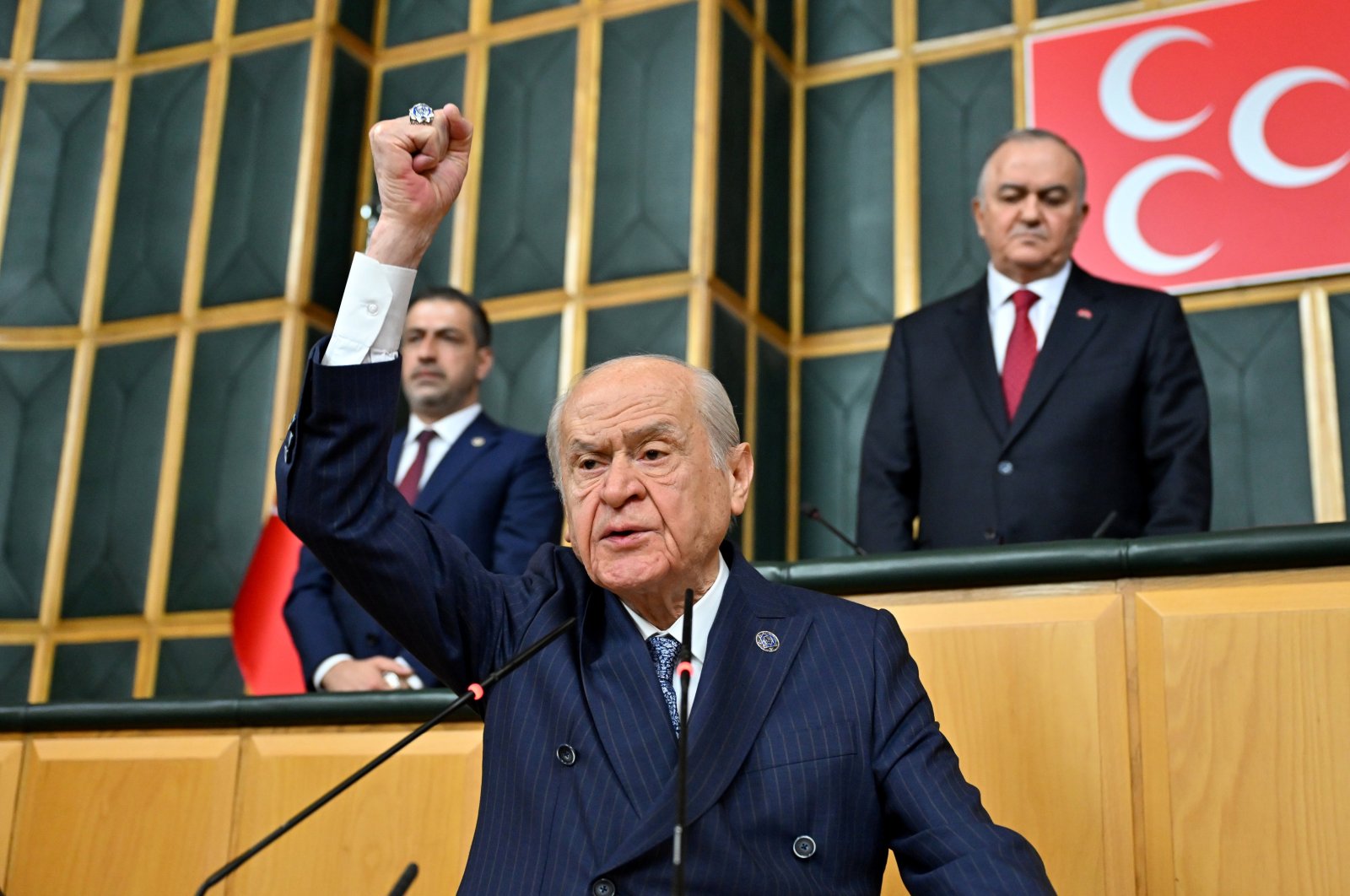 Nationalist Movement Party (MHP) Chairperson Devlet Bahçeli delivers a speech at his party&#039;s parliamentary group meeting, Ankara, Türkiye, Oct. 22, 2024. (AA Photo)