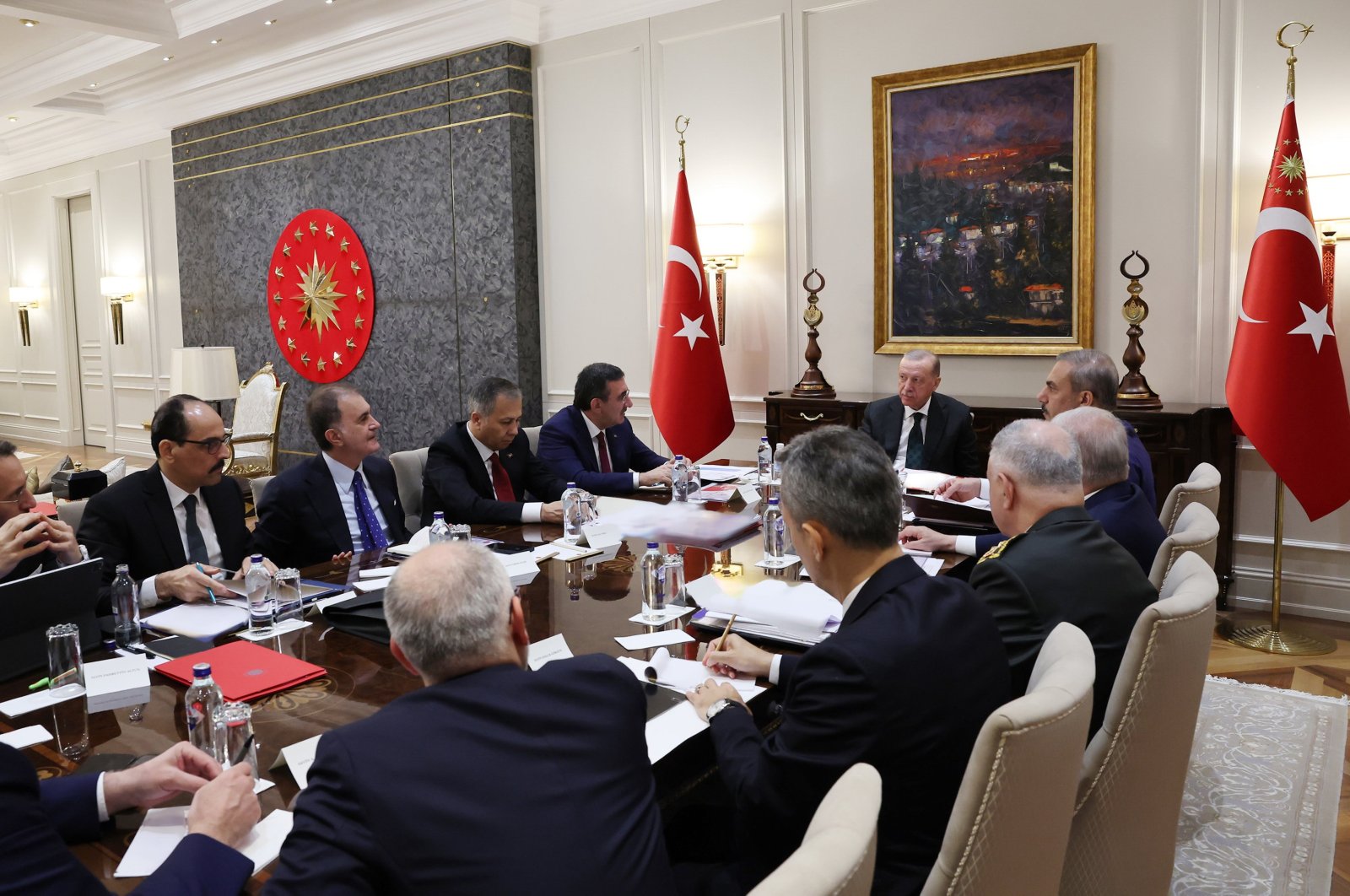 President Recep Tayyip Erdoğan chairs a high-level security meeting after a terrorist attack on Turkish Aerospace Industries, in Istanbul, Türkiye, Oct. 24, 2024. (AA Photo)