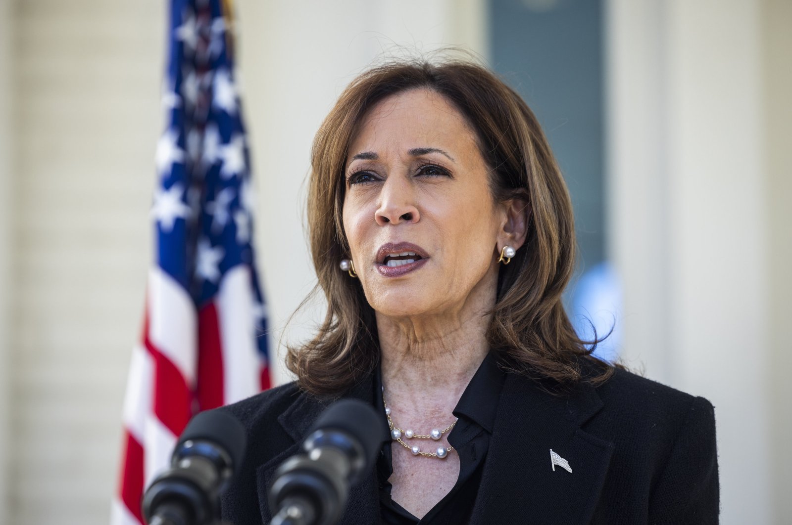 Vice President and current Democratic presidential nominee Kamala Harris speaks about recent statements from John Kelly, former President Trump&#039;s chief of staff, from her residence at the Naval Observatory in Washington, D.C., U.S., Oct. 23, 2024. (EPA Photo)