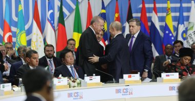 President Recep Tayyip Erdoğan and Russian President Vladimir Putin shake hands during the BRICS summit, Kazan, Tatarstan, Russia, Oct. 24, 2024. (AA Photo)