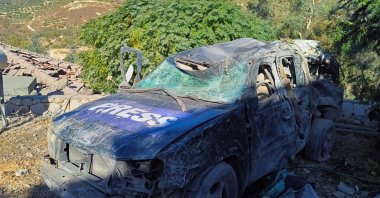 A view shows a damaged press vehicle at the site of an Israeli strike that killed a few media staff staying at a guesthouse where several other reporters were staying, Hasbaya, Lebanon, Oct. 25, 2024. (Reuters Photo)