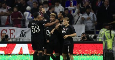 Beşiktaş's Gedson Fernandes (C) celebrates with teammates after the 1-0 lead during the UEFA Europa League match against Olympique Lyon, Lyon, France, Oct. 24, 2024. (EPA Photo)