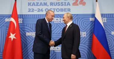 President Recep Tayyip Erdoğan and Russian President Vladimir Putin meet on the sidelines of the BRICS summit in Kazan, Russia, Oct. 23, 2024. (AA Photo)