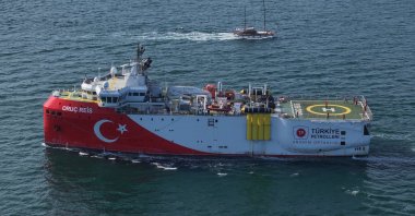 Türkiye's seismic research vessel Oruç Reis sails through the Bosporus, Istanbul, Türkiye, Oct. 5, 2024. (AA Photo)