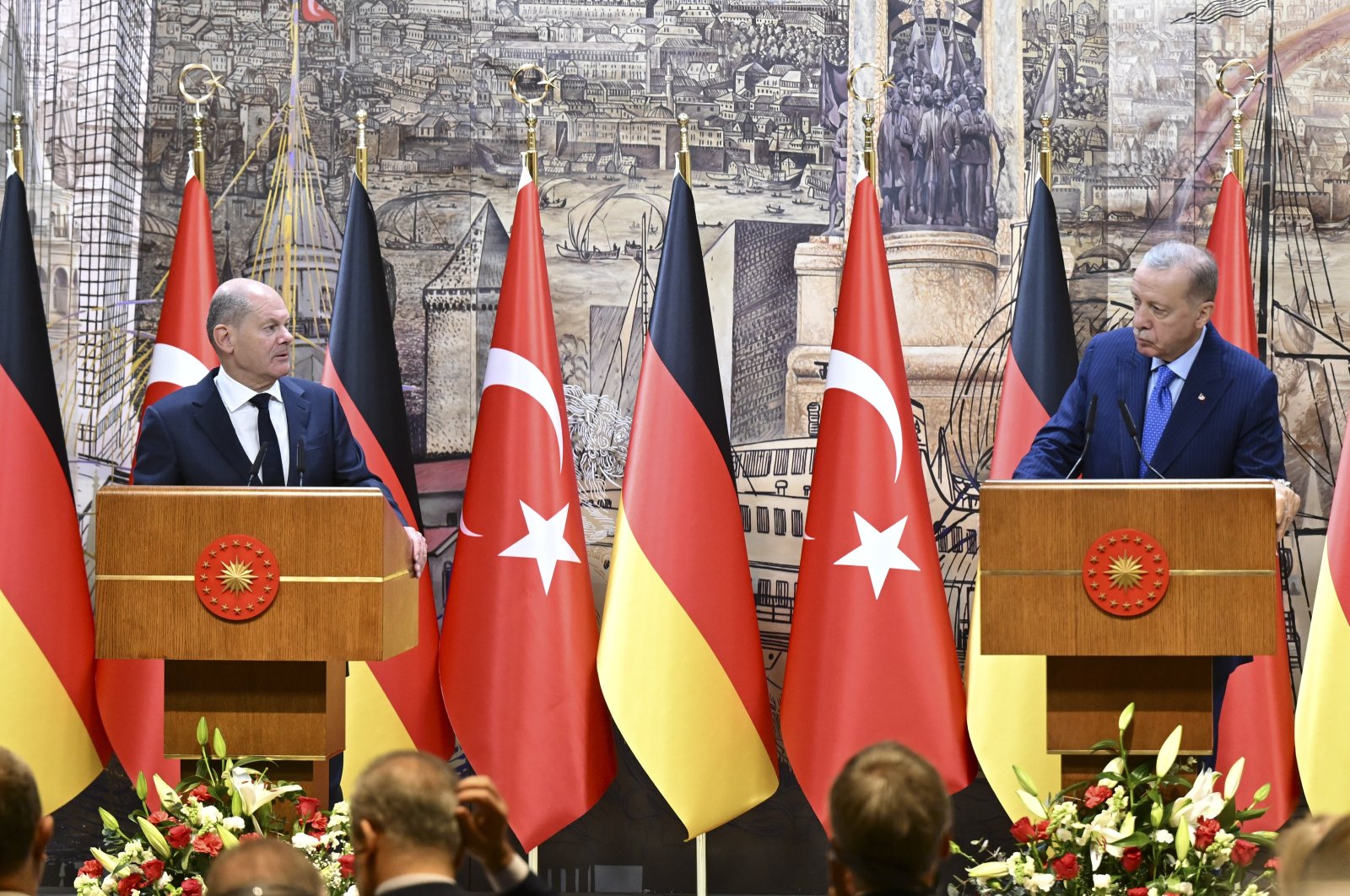 President Recep Tayyip Erdoğan and German Chancellor Olaf Scholz attend a press conference in Istanbul, Türkiye, Oct. 19, 2024. (AA Photo)