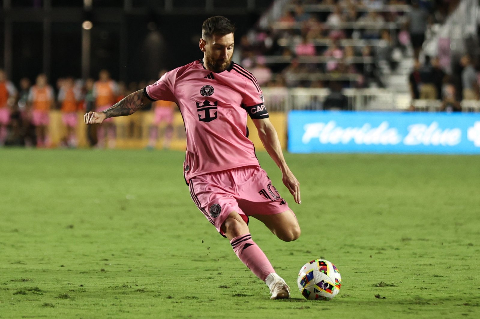 Inter Miami&#039;s Lionel Messi kicks the ball during the Major League Soccer (MLS) football match between Inter Miami and New England Revolution, Florida, U.S., Oct. 19, 2024. (AFP Photo)