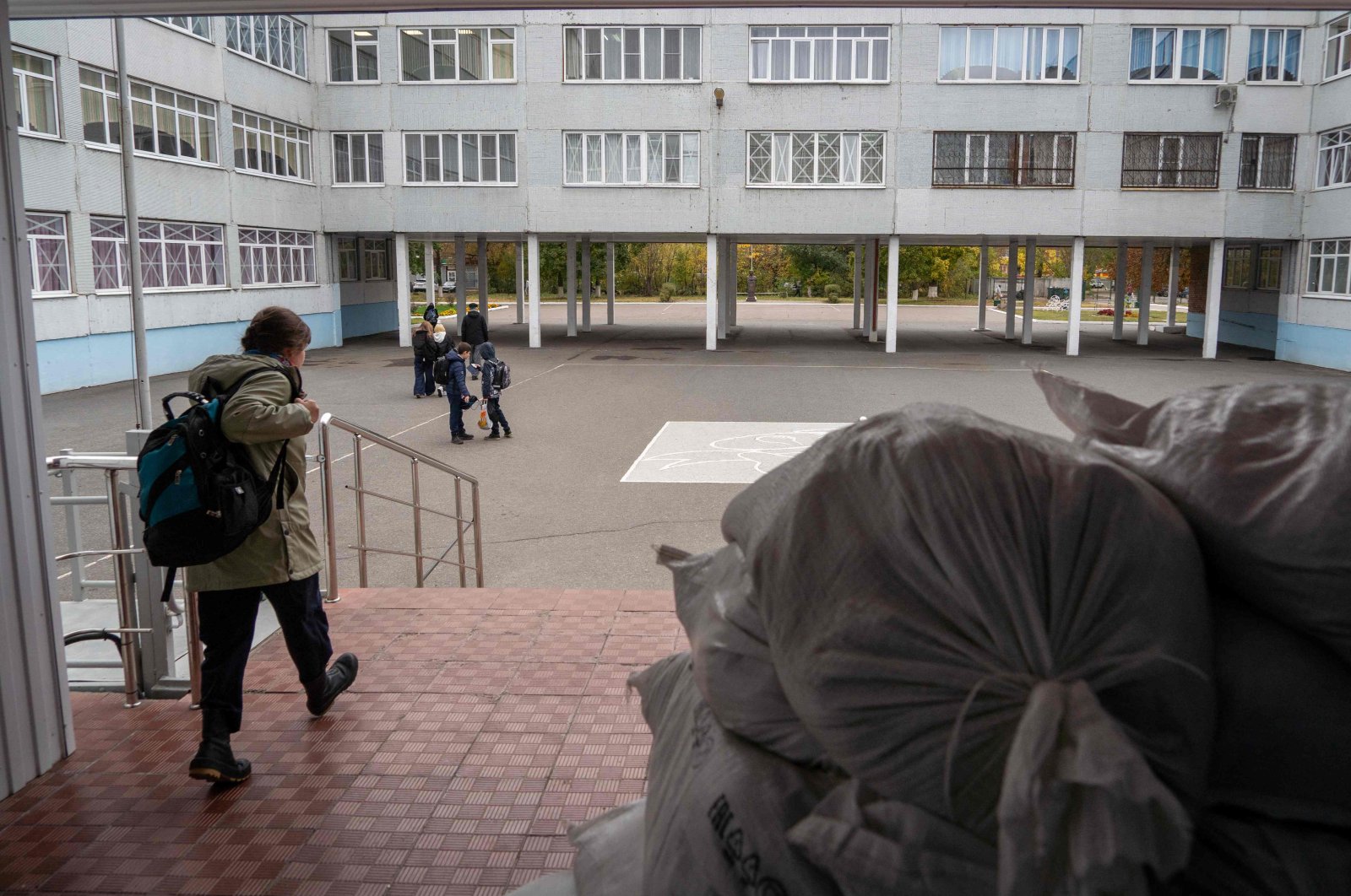 Sandbags fortify the entrance to a school building, amid the Russia-Ukraine war, Kursk, Russia, Oct. 17, 2024. (AFP Photo)