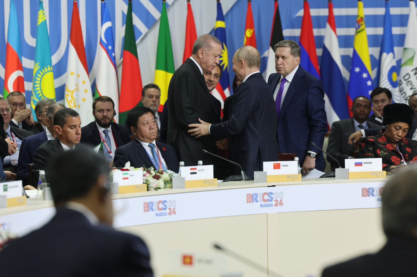 President Recep Tayyip Erdoğan and Russian President Vladimir Putin shake hands during the BRICS summit, Kazan, Tatarstan, Russia, Oct. 24, 2024. (AA Photo)