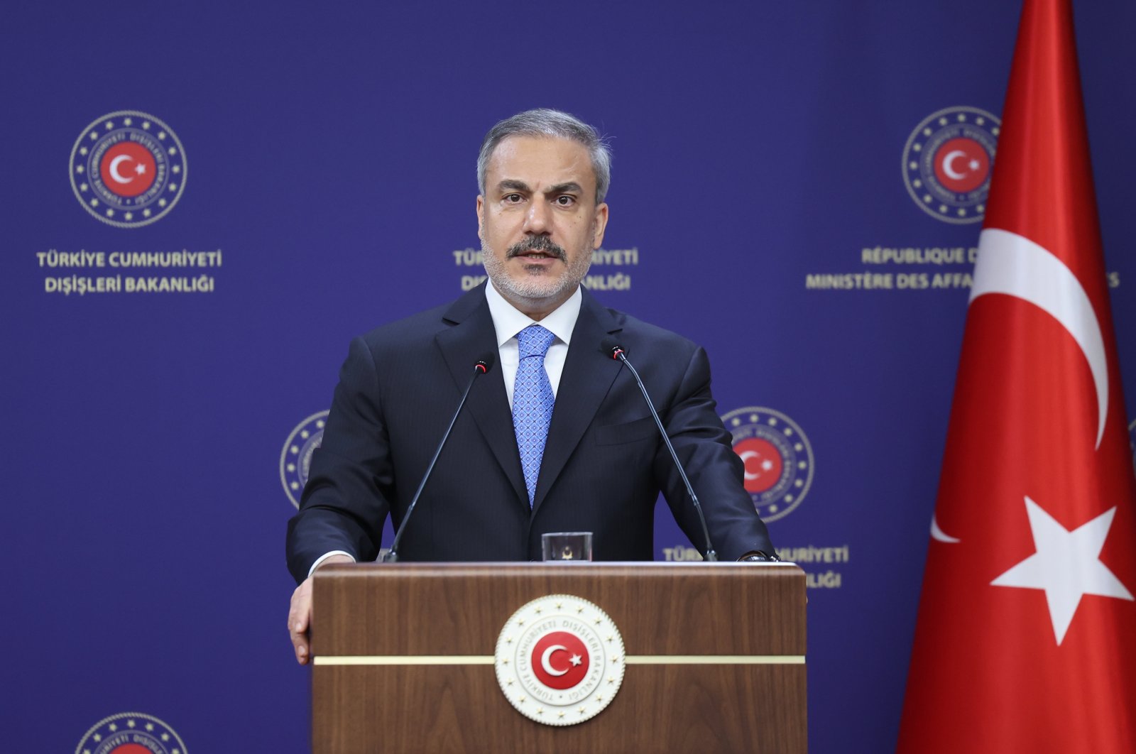 Foreign Minister Hakan Fidan speaks at a news conference, Ankara, Türkiye, Oct. 22, 2024. (AA Photo)