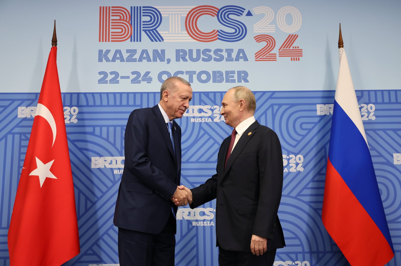 President Recep Tayyip Erdoğan and Russian President Vladimir Putin meet on the sidelines of the BRICS summit in Kazan, Russia, Oct. 23, 2024. (AA Photo)