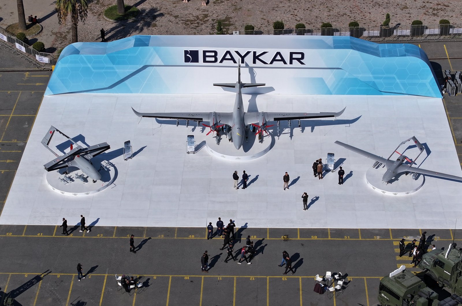 From left, Baykar&#039;s Bayraktar TB3, Akıncı and Bayraktar TB2 drones on display during the SAHA EXPO 2024, an international defense and aerospace exhibition, Istanbul, Türkiye, Oct. 23, 2024. (AA Photo)