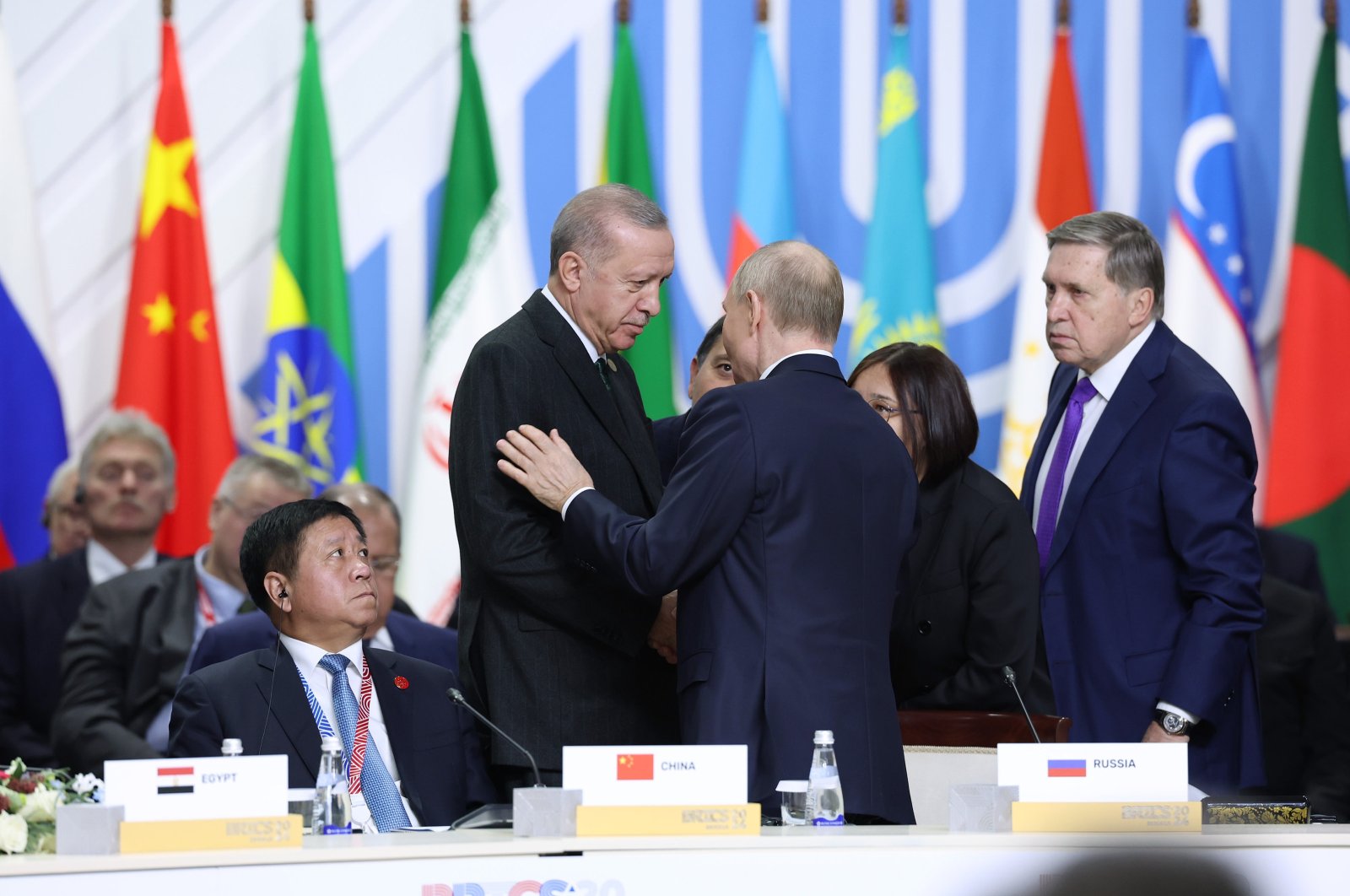 Russian President Vladimir Putin (R) greets President Recep Tayyip Erdoğan (L) at the BRICS summit in Kazan, Tatarstan, Russia, Oct. 24, 2024. (AA Photo)