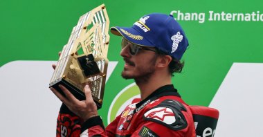 Ducati Lenovo Team&#039;s Francesco Bagnaia celebrates winning the Thailand MotoGP, Buriram, Thailand, Oct. 27, 2024. (Reuters Photo)