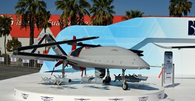 A general view of Baykar&#039;s Bayraktar TB3 UCAV on display during the SAHA EXPO 2024, an international defense and aerospace exhibition, Istanbul, Türkiye, Oct. 23, 2024. (AA Photo)