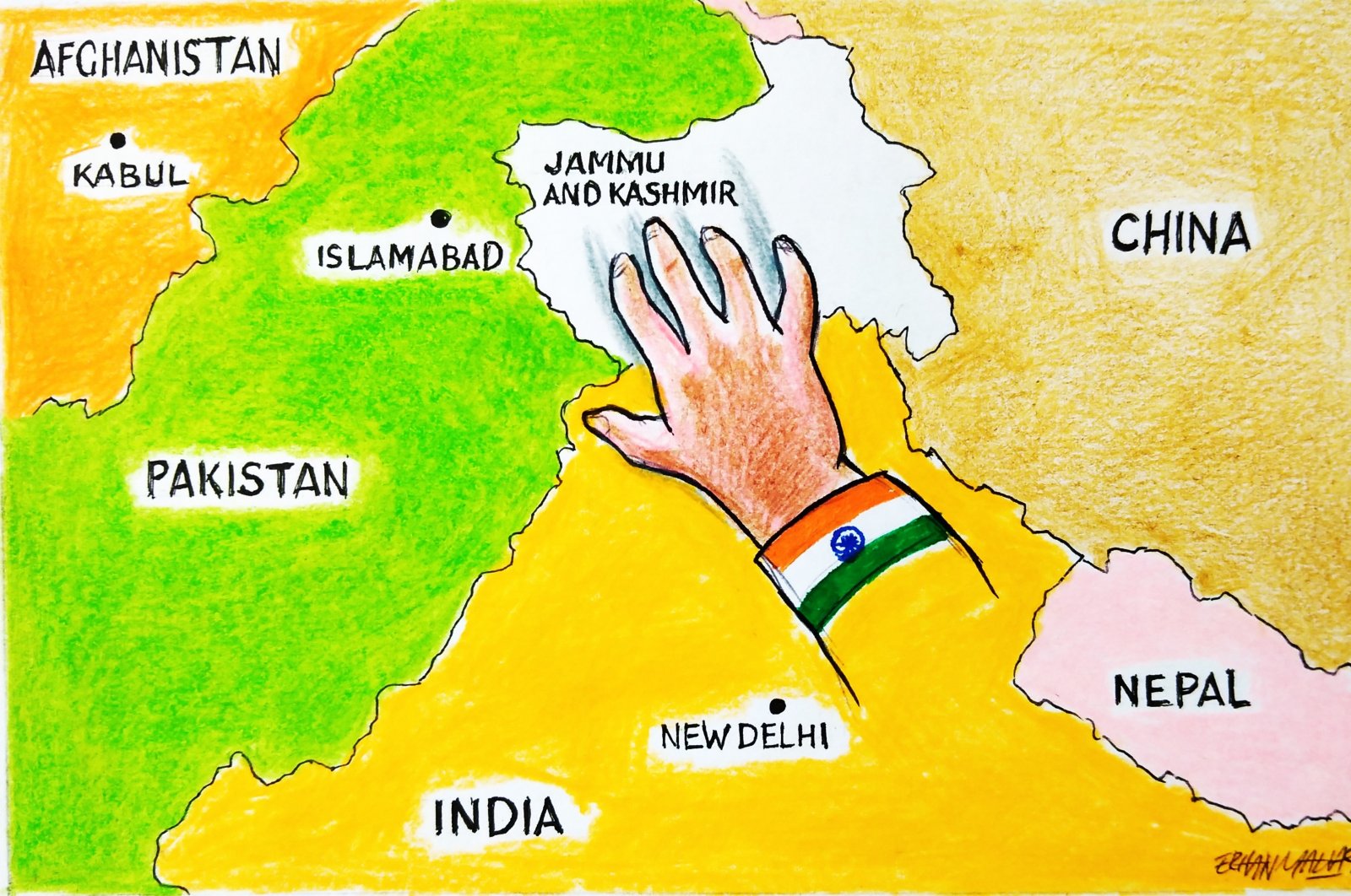 &quot;Despite all odds, the valiant Kashmiris continue to defy the Indian bayonets and refuse to accept subjugation as their fate.&quot; (Illustration by Erhan Yalvaç)