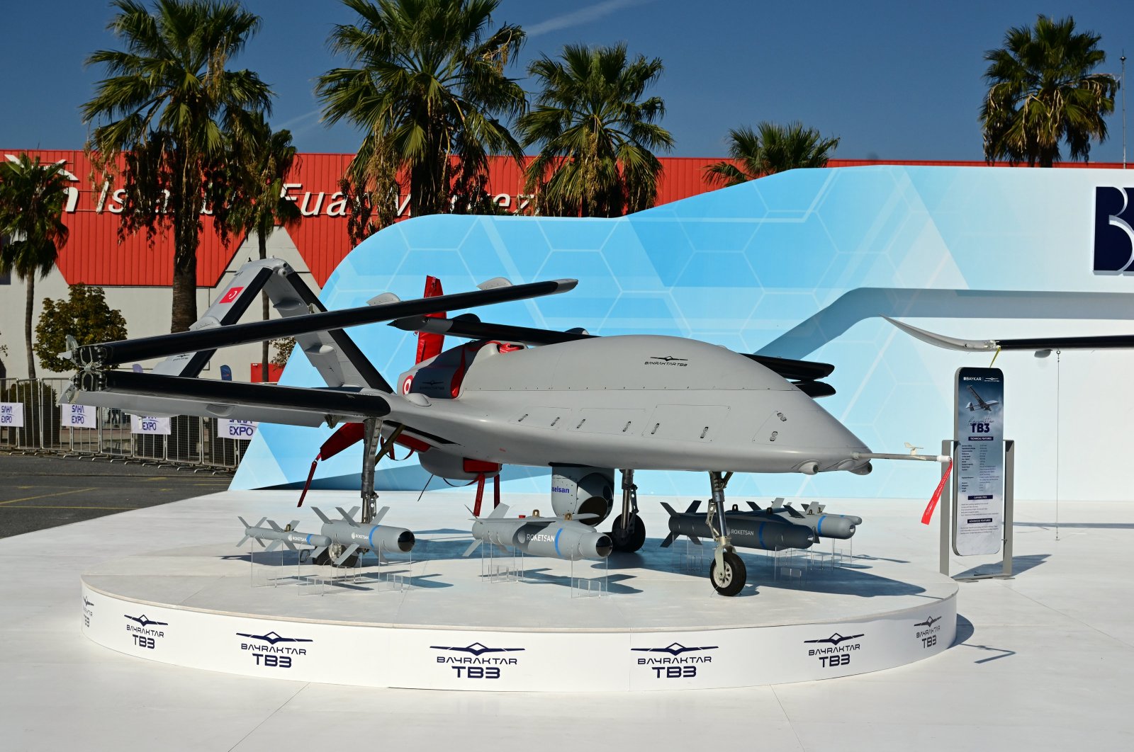 A general view of Baykar&#039;s Bayraktar TB3 UCAV on display during the SAHA EXPO 2024, an international defense and aerospace exhibition, Istanbul, Türkiye, Oct. 23, 2024. (AA Photo)