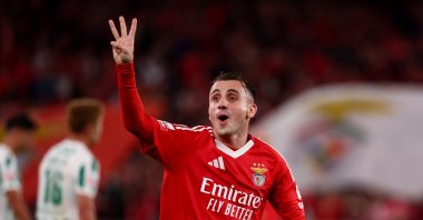 Benfica's Kerem Akturkoglu celebrates scoring his third goal to complete a hat trick during the Primeira Liga against Rio Ave at the Estadio da Luz, Lisbon, Portugal, Oct. 27, 2024. (Reuters Photo)