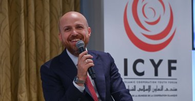 World Ethnosport Confederation President Bilal Erdoğan speaks at the Islamic Cooperation Youth Forum, London, U.K., Oct. 27, 2024. (Courtesy of WEC)