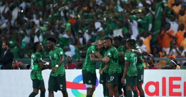 Nigeria players celebrate during the Africa Cup of Nations final match against Ivory Coast at Olympic Stadium of Ebimpe, Abidjan, Ivory Coast, Feb. 11, 2024. (Getty Images Photo)