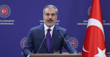 Foreign Minister Hakan Fidan speaks at a news conference with his Ukrainian counterpart, in the capital Ankara, Türkiye, Oct. 21, 2024. (AA Photo) 