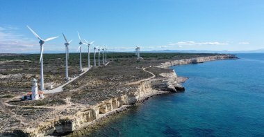 Wind turbines are seen in Bozcaada district of Çanakkale province, northwestern Türkiye, Oct. 20, 2024. (AA Photo)