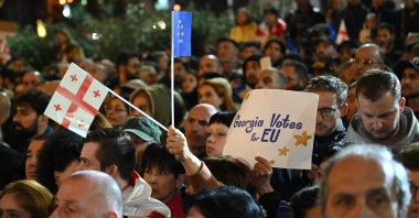 Georgian opposition supporters rally to protest results of the parliamentary elections that showed a win for the ruling Georgian Dream party, outside the parliament building in central Tbilisi, Georgia, Oct. 28, 2024. (AFP Photo)