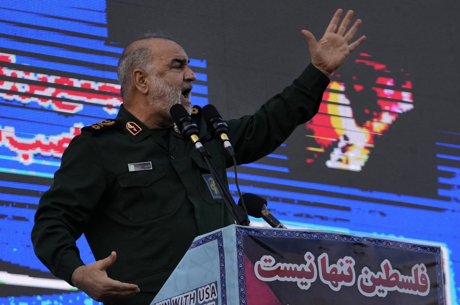 Chief of Iran&#039;s Revolutionary Guard Hossein Salami addresses a rally in Tehran, Iran, Nov. 18, 2023. (AP Photo)