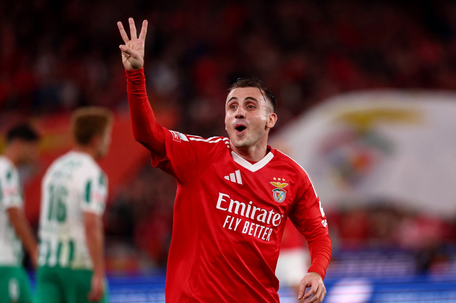 Benfica&#039;s Kerem Akturkoglu celebrates scoring his third goal to complete a hat trick during the Primeira Liga against Rio Ave at the Estadio da Luz, Lisbon, Portugal, Oct. 27, 2024. (Reuters Photo)