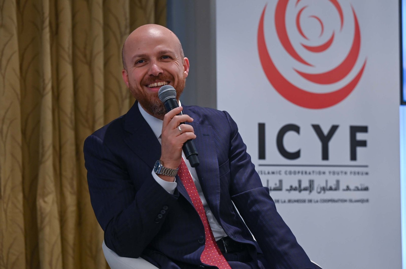 World Ethnosport Confederation President Bilal Erdoğan speaks at the Islamic Cooperation Youth Forum, London, U.K., Oct. 27, 2024. (Courtesy of WEC)