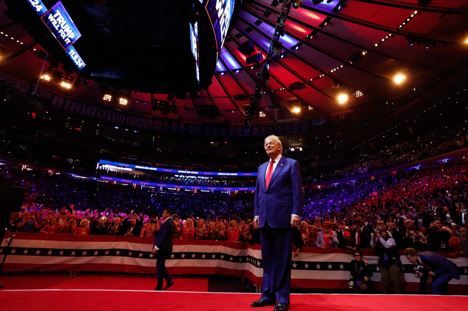 Republican presidential nominee and former U.S. President Donald Trump takes the stage at the campaign rally at Madison Square Garden, New York City, U.S., Oct. 27, 2024. (AFP Photo)