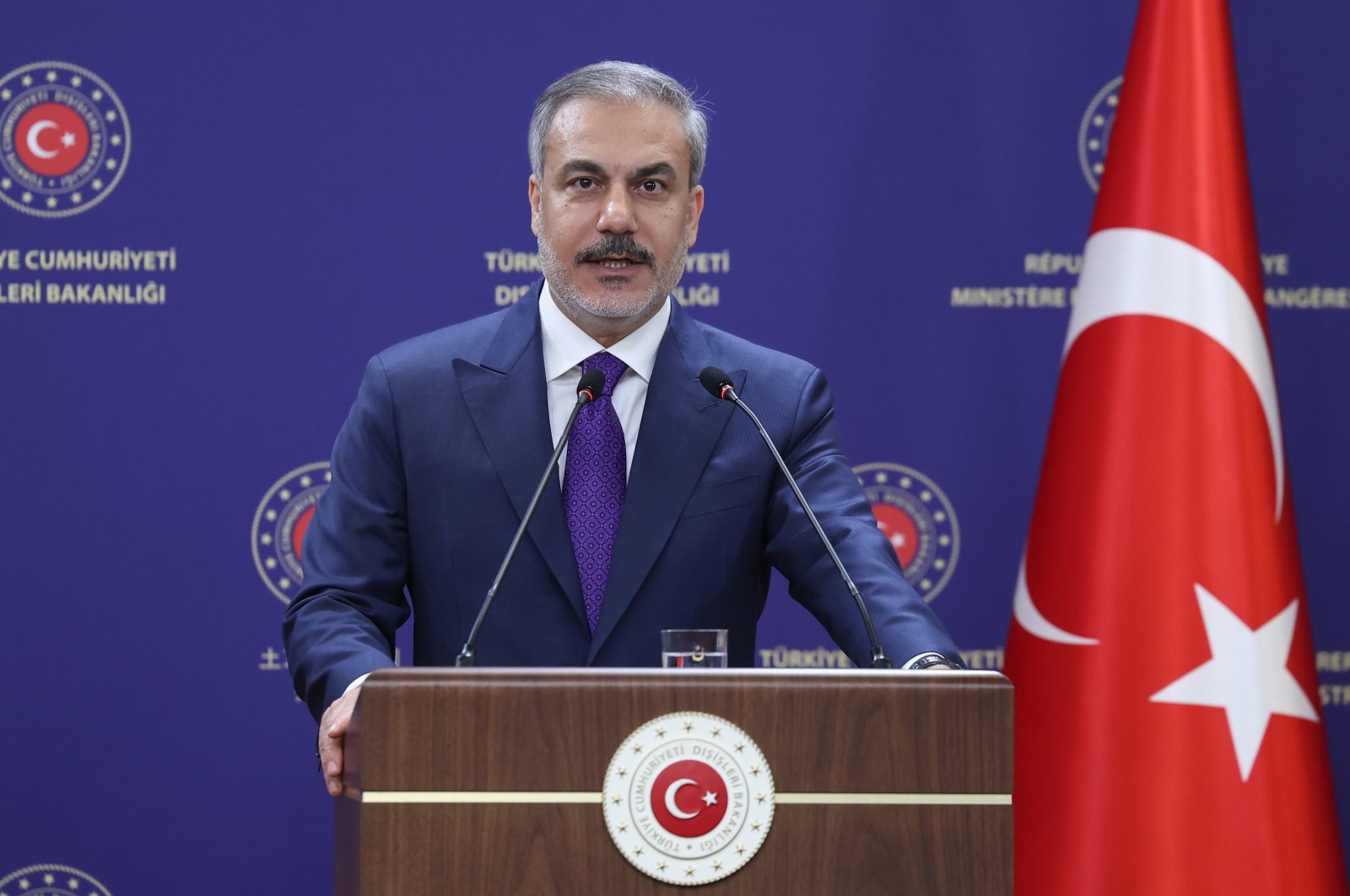 Foreign Minister Hakan Fidan speaks at a news conference with his Ukrainian counterpart, in the capital Ankara, Türkiye, Oct. 21, 2024. (AA Photo) 