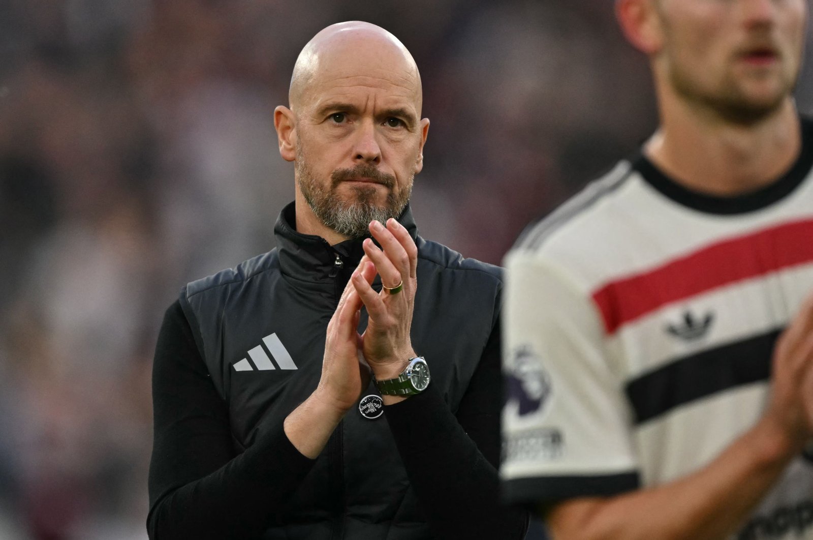 Manchester United&#039;s manager Erik ten Hag applauds fans after the English Premier League football match between West Ham United and Manchester United at the London Stadium, London, U.K., Oct. 27, 2024. (AFP Photo)