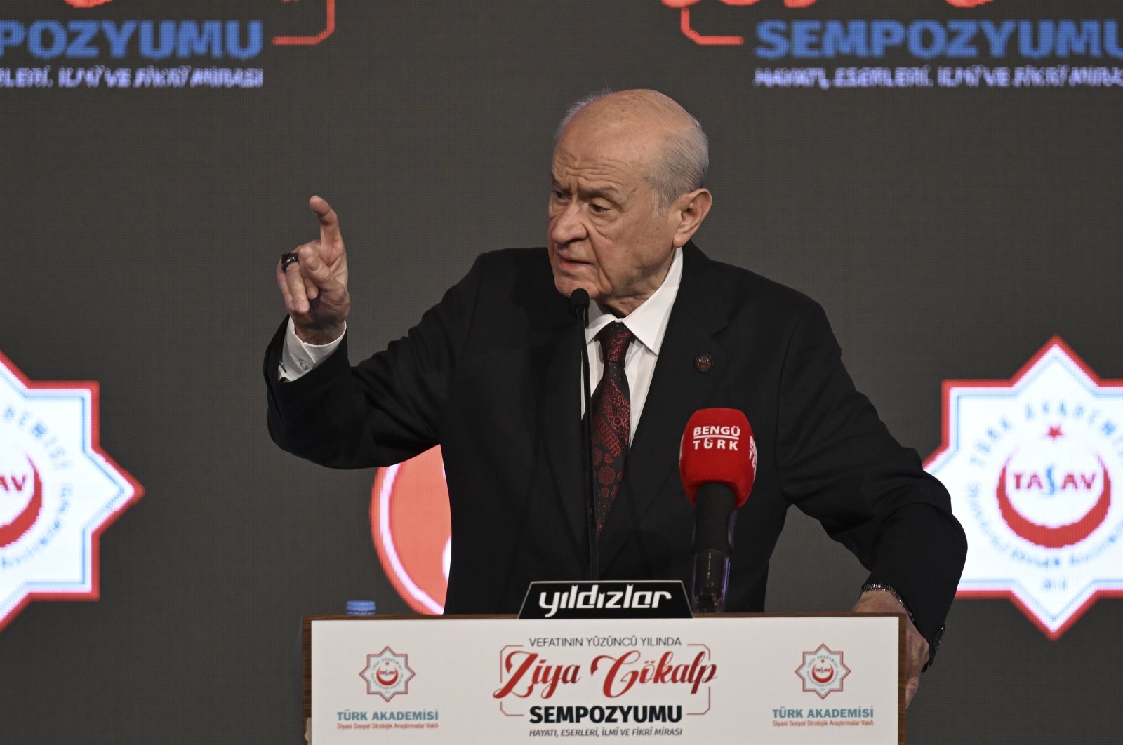 Devlet Bahçeli, the head of the Nationalist Movement Party (MHP), speaks at a symposium in the capital of Ankara, Türkiye, Oct. 26, 2024. (AA Photo)