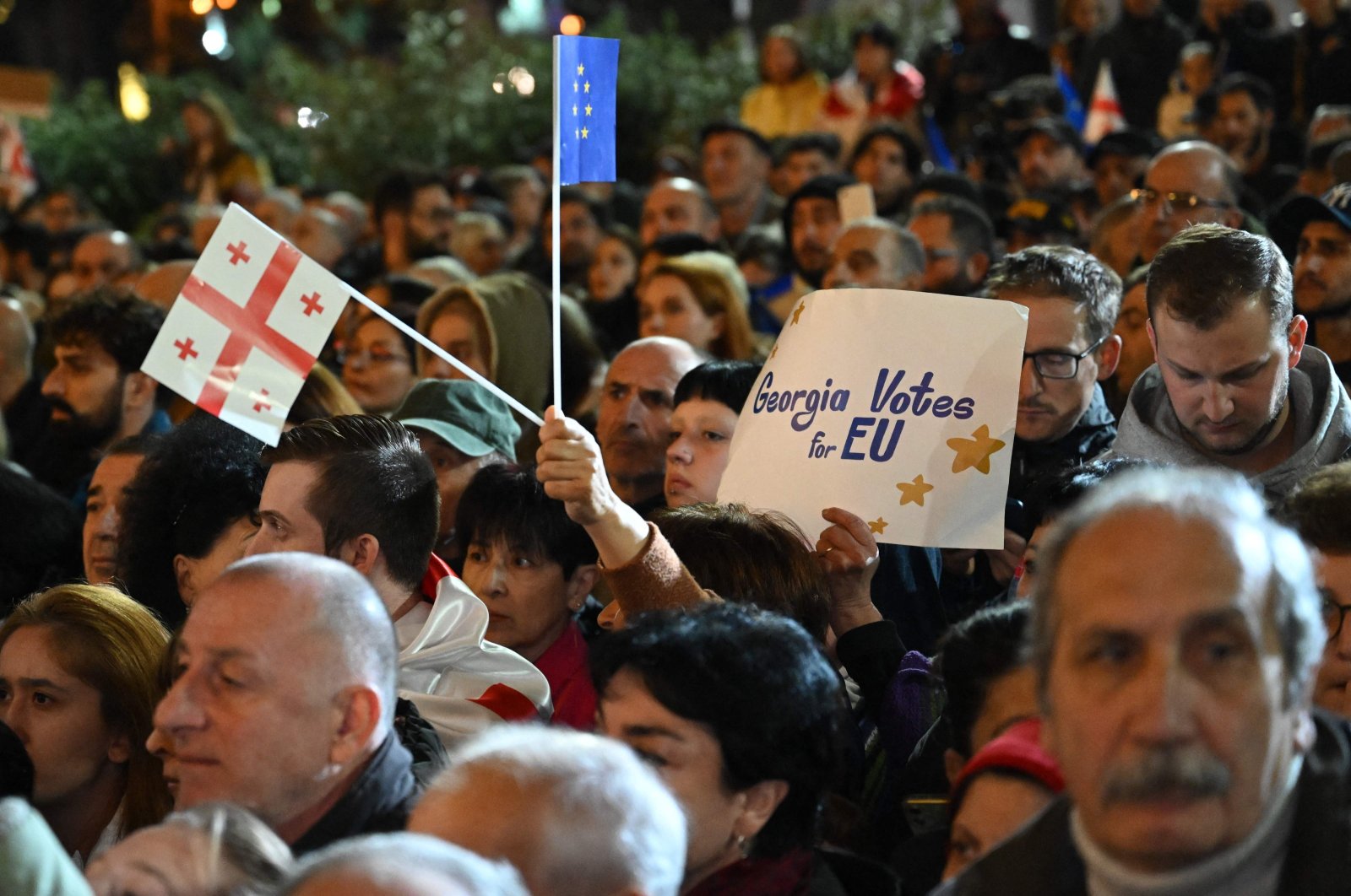 Georgian opposition supporters rally to protest results of the parliamentary elections that showed a win for the ruling Georgian Dream party, outside the parliament building in central Tbilisi, Georgia, Oct. 28, 2024. (AFP Photo)