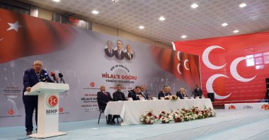 MHP deputy chair Semih Yalçın speaks at his party's event, Erzurum, eastern Türkiye, Oct. 29, 2024. (İHA Photo)