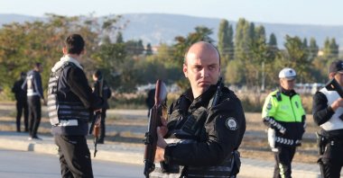 Police and private security guards secure the entrance of the headquarters of Türkiye&#039;s aerospace company TAI, after the terrorist attack, near Kahramankazan, Ankara, Türkiye, Oct. 23, 2024. (Reuters Photo)