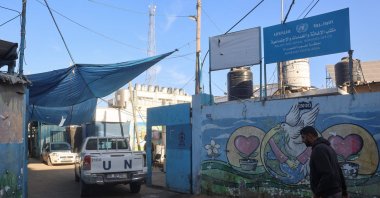 A U.N. vehicle enters the UNRWA (United Nations Relief and Works Agency) center at the Nuseirat camp for Palestinian refugees in the central Gaza Strip, Oct. 29, 2024. (AFP Photo)