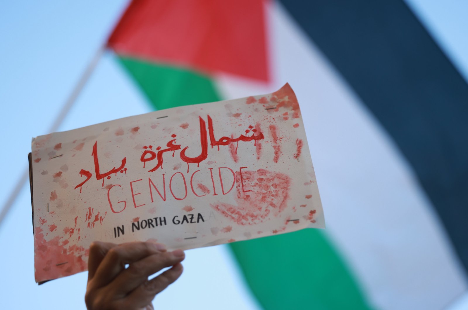 A protester holds a placard that reads &quot;Genocide in North Gaza,&quot; during a rally in Berlin, Germany, Oct. 25, 2024. (EPA Photo)