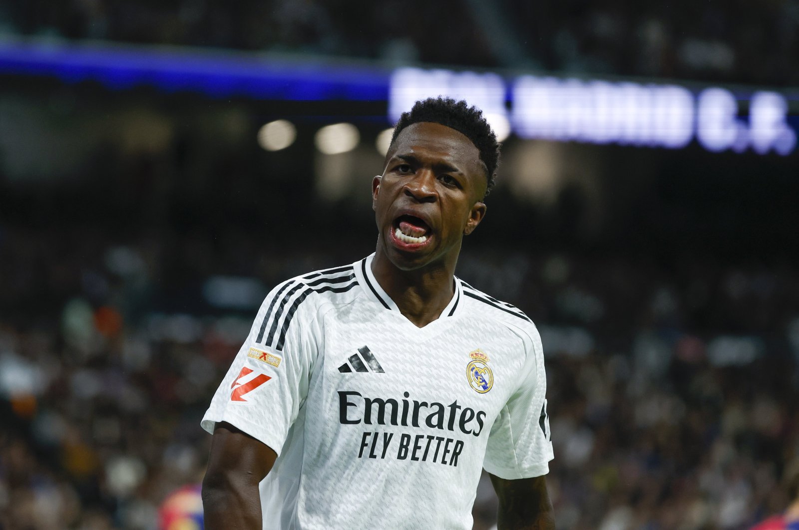 Real Madrid&#039;s Vinicius Junior talks during the La Liga match against Barcelona, Madrid, Spain, Oct. 26, 2024. (EPA Photo)