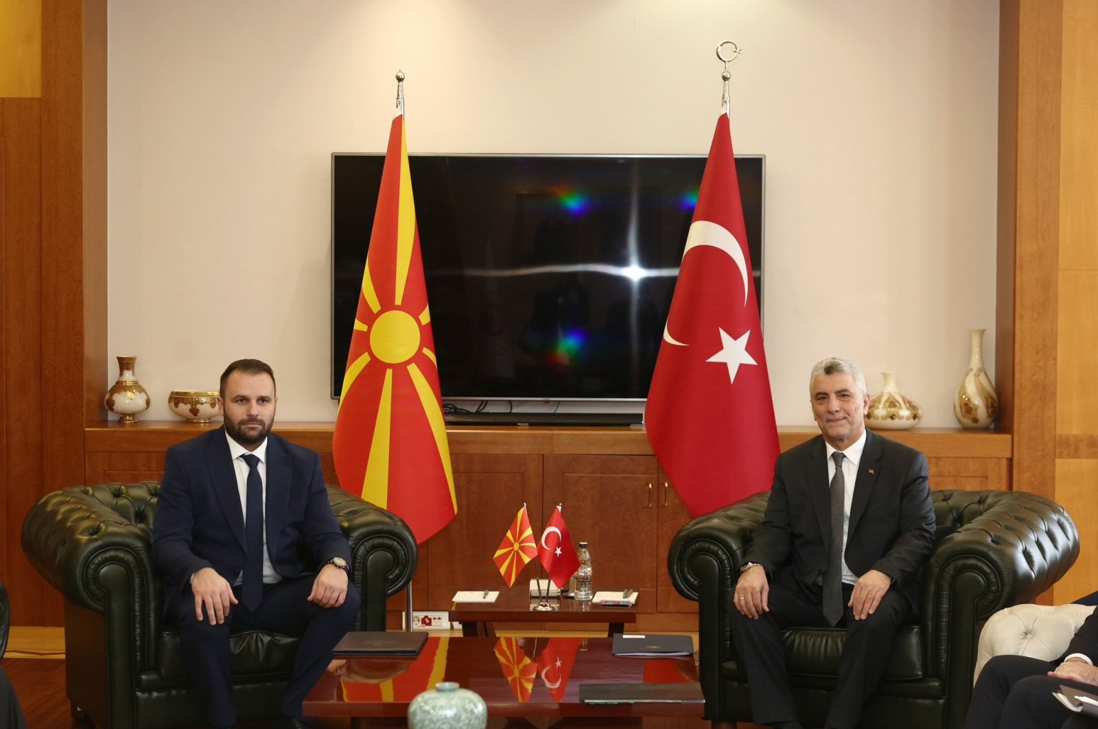 Trade Minister Ömer Bolat (R) hosts Besar Durmishi, North Macedonia&#039;s minister of economy and labor, Ankara, Türkiye, Oct. 29, 2024. (DHA Photo)