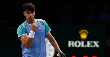 Spain&#039;s Carlos Alcaraz reacts as he wins his match against Chile&#039;s Nicolas Jarry at the Rolex Paris Masters tennis tournament, Paris, France, Oct. 29, 2024. (EPA Photo)
