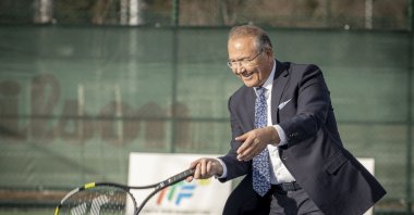 Turkish Tennis Federation (TTF) President Cengiz Durmuş hits a ball after an interview, Ankara, Türkiye, Feb. 8, 2024. (AA Photo)