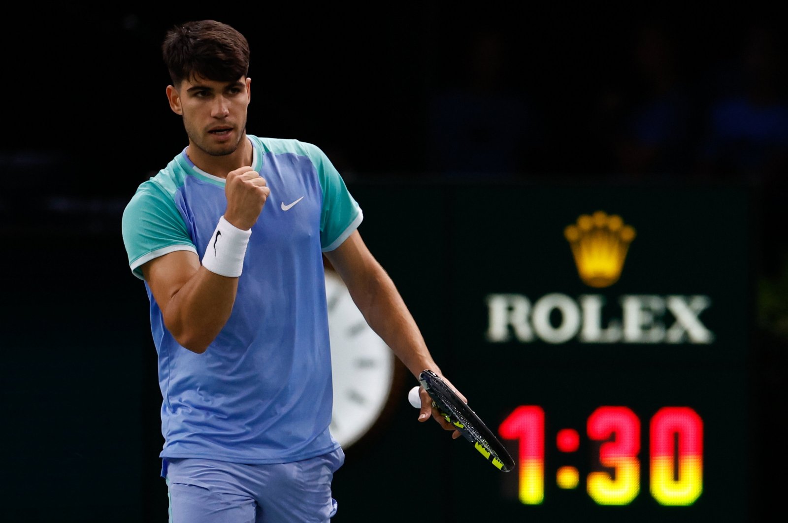 Spain&#039;s Carlos Alcaraz reacts as he wins his match against Chile&#039;s Nicolas Jarry at the Rolex Paris Masters tennis tournament, Paris, France, Oct. 29, 2024. (EPA Photo)