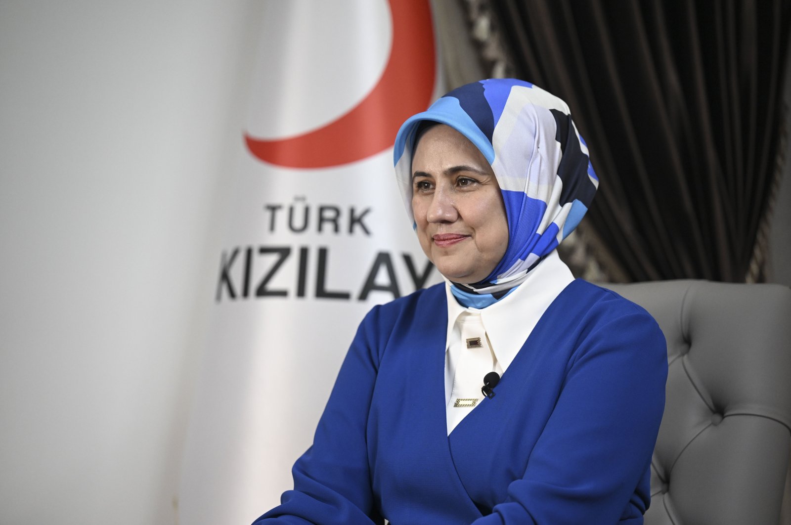 Turkish Red Crescent (Kızılay) President Fatma Meriç Yılmaz is interviewed about the Gaza humanitarian efforts in Geneva, Switzerland, Oct. 29, 2024. (AA Photo)