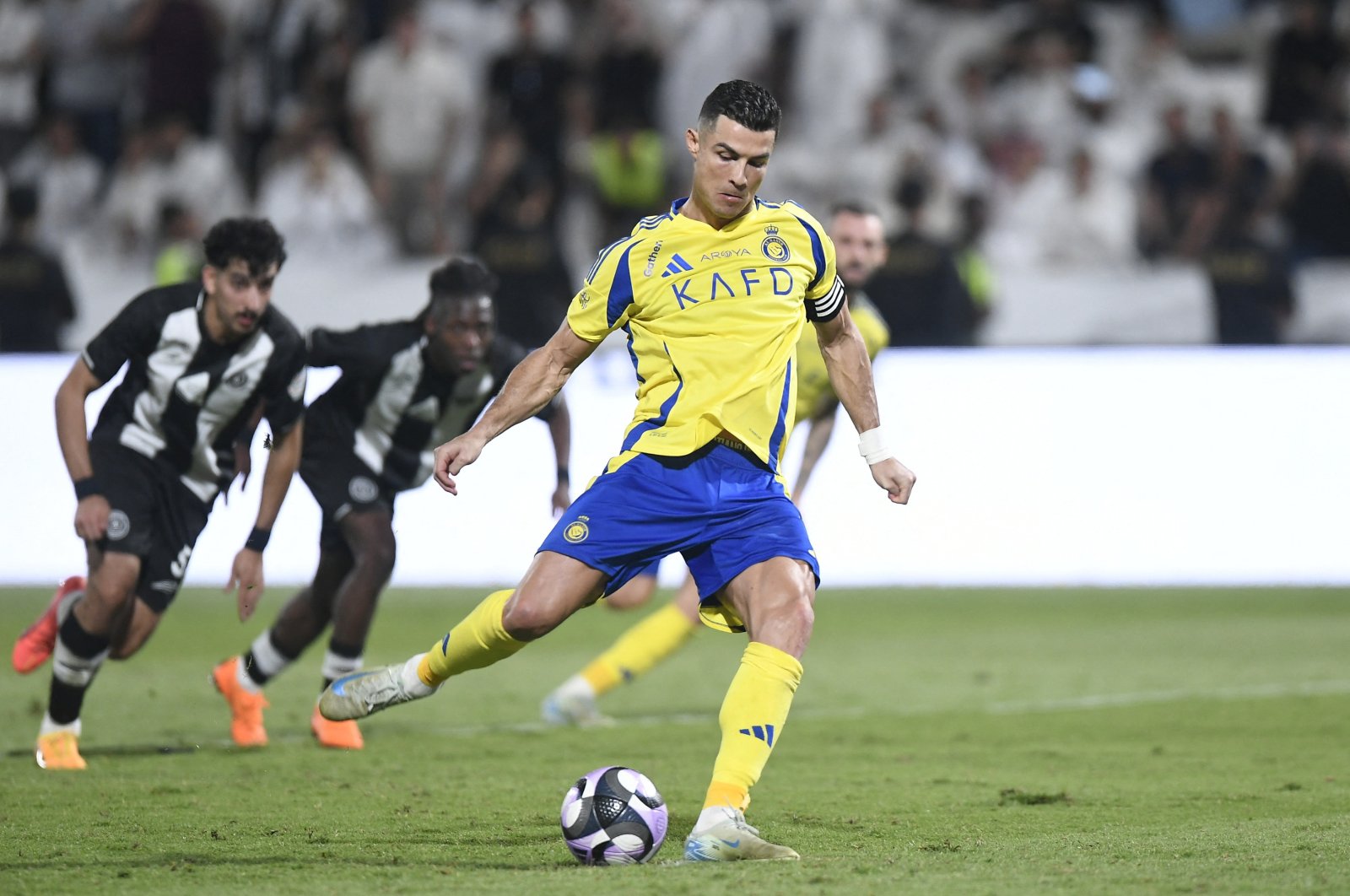 Al-Nassr&#039;s Cristiano Ronaldo shoots from the penalty spot during the Saudi Pro League match against Al-Shabab at the Al-Shabab Club Stadium, Riyadh, Saudi Arabia, Oct. 18, 2024. (Reuters Photo)