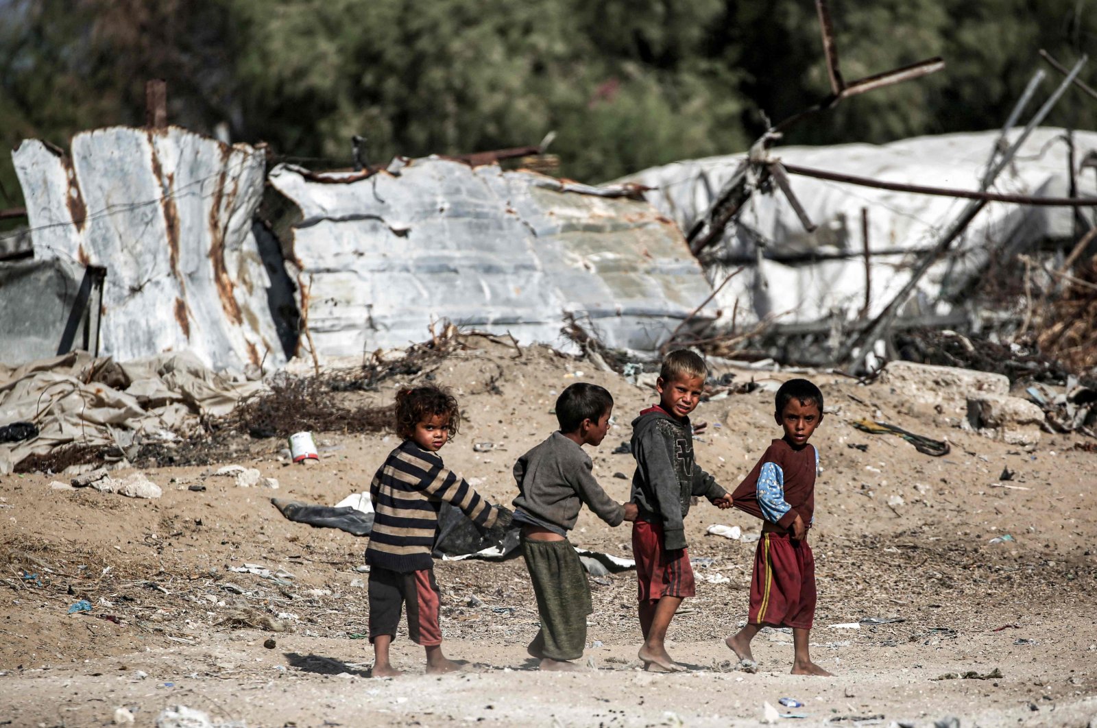 Children play together near shacks in Khan Younis in the southern Gaza Strip, Palestine, Oct. 30, 2024. (AFP Photo)