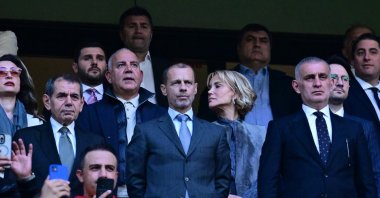 Galatasaray President Dursun Özbek (L), UEFA President Aleksander Ceferin (C) and TFF President Ethem Hacıosmanoğlu in the stands during the Europa League match between Galatasaray and Elfsborg at the RAMS Park, Istanbul, Türkiye, Oct. 23, 2024. (AA Photo)